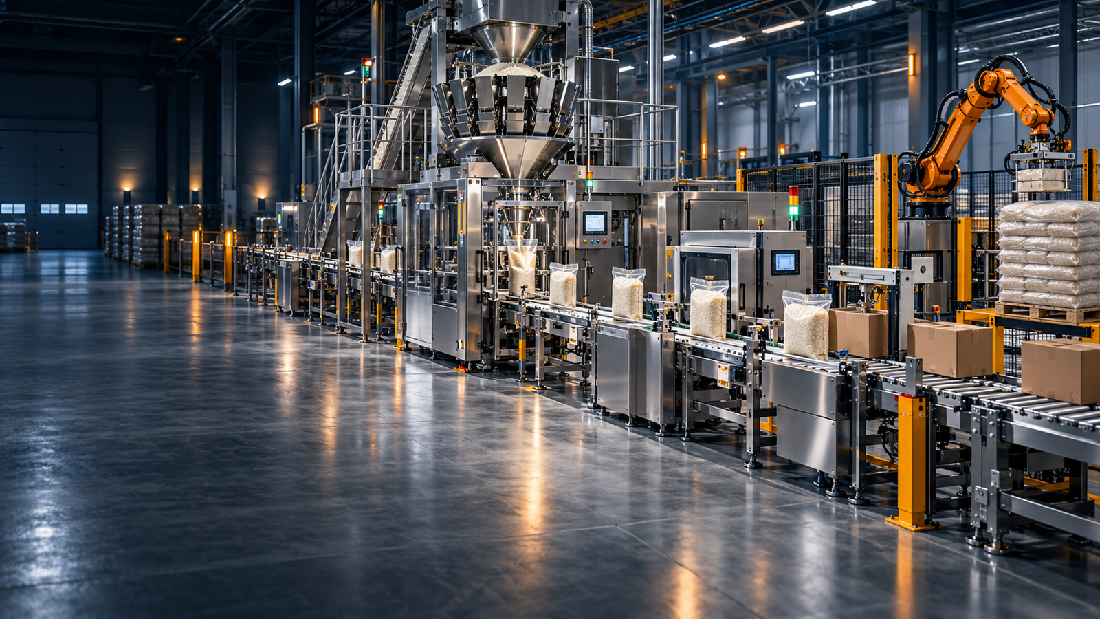 Automated packaging and palletizing line in a modern factory